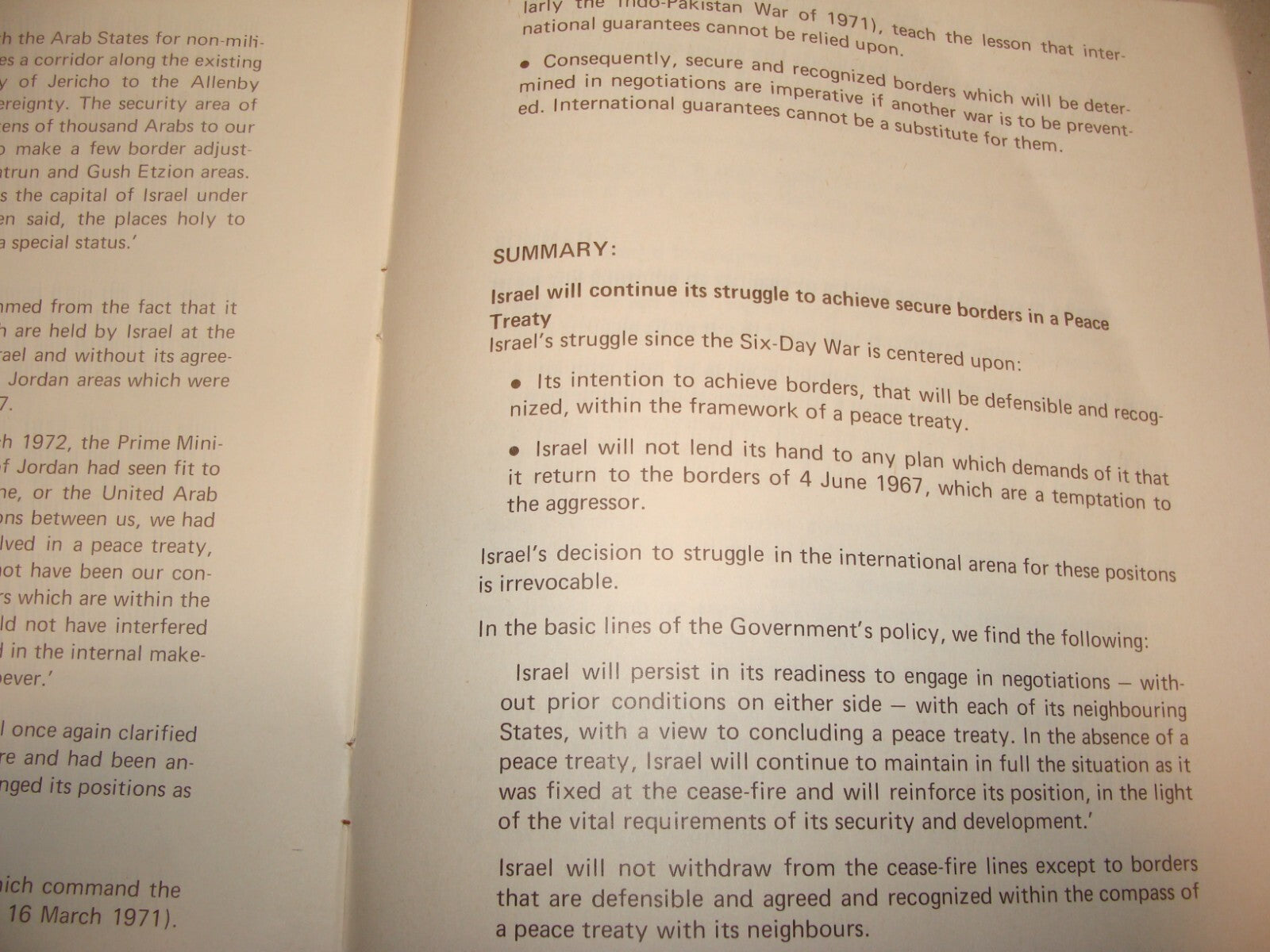 Jewish Judaica 1973 Israel Israeli Brief Borders Peace War Egypt Gaza Jordan