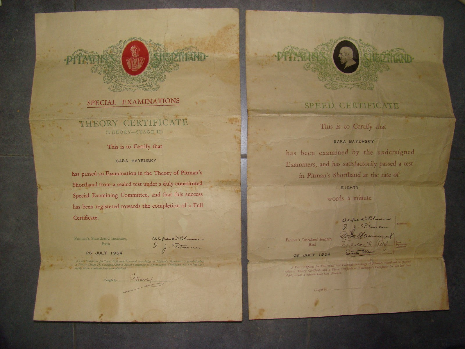 pitman pitman's shorthand institute 1934 signed theory certificate letter