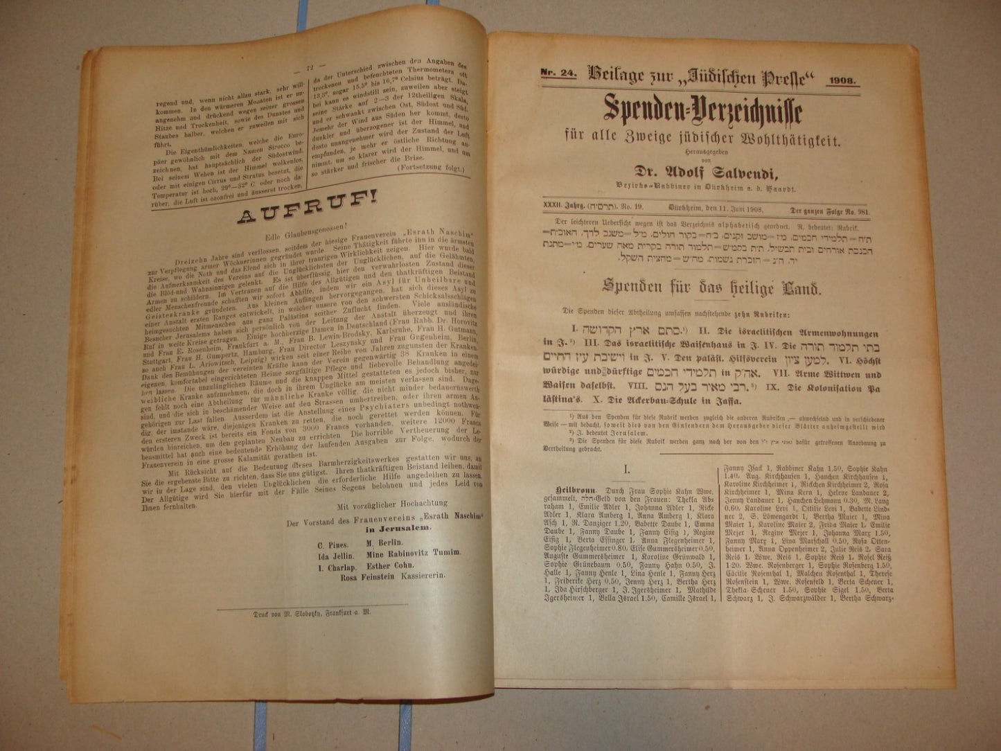 Germany Newspaper Jewish RARE Judaica German Spenden Verzeichnisse 1908 Salvendi