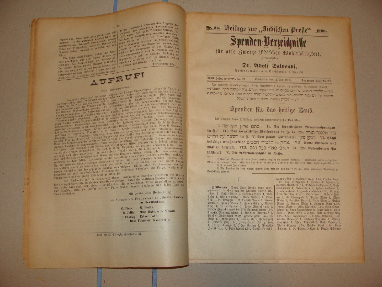 Germany Newspaper Jewish RARE Judaica German Spenden Verzeichnisse 1908 Salvendi