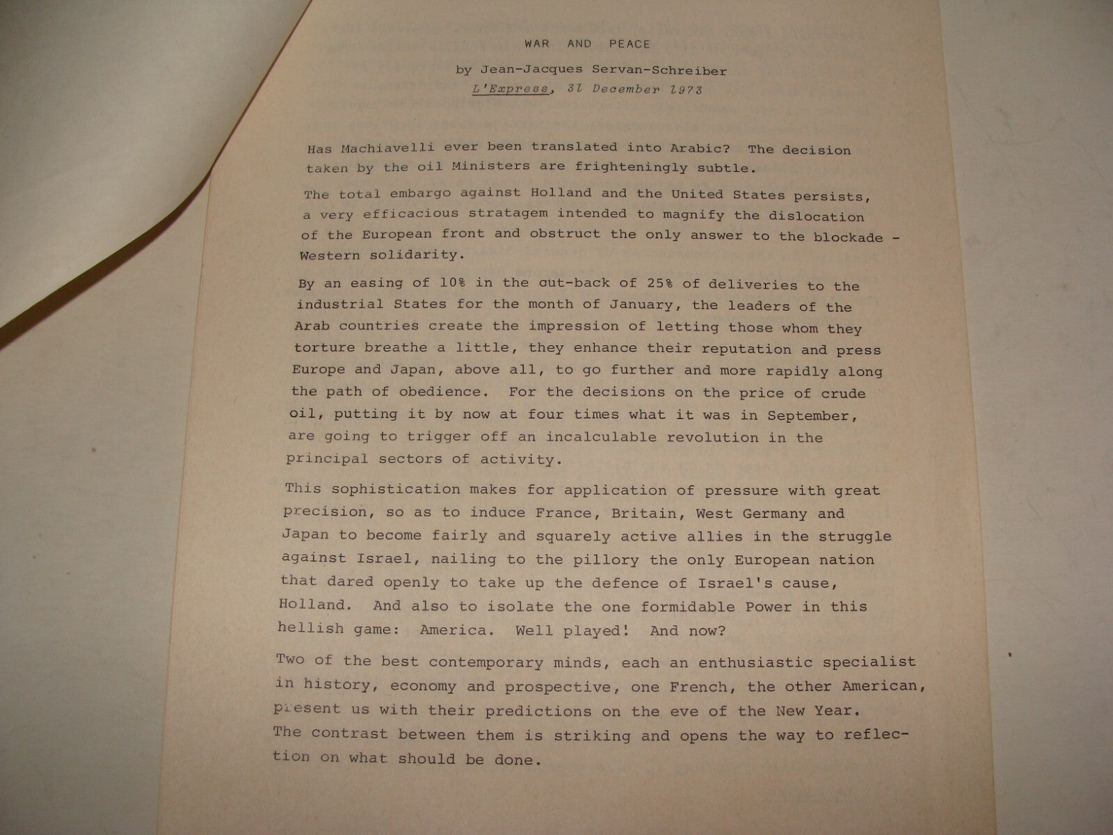 Jewish Judaica 1974 Israel Post Yom Kippur War Article Arab Israeli Analysis