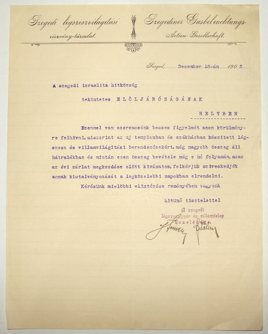 Letter Jewish Judaica Antique 1903 Hungary Szeged Jews Signed Signature