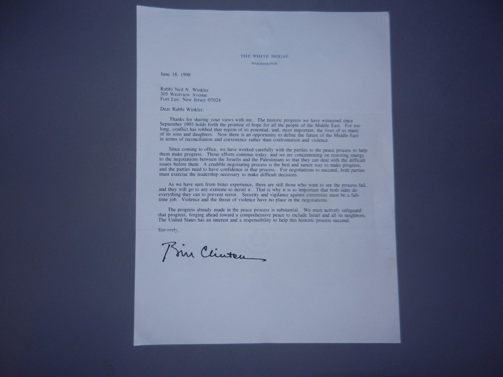 Letter Jewish Bill Clinton To Rabbi Winkler Not Hand Signed Autograph print