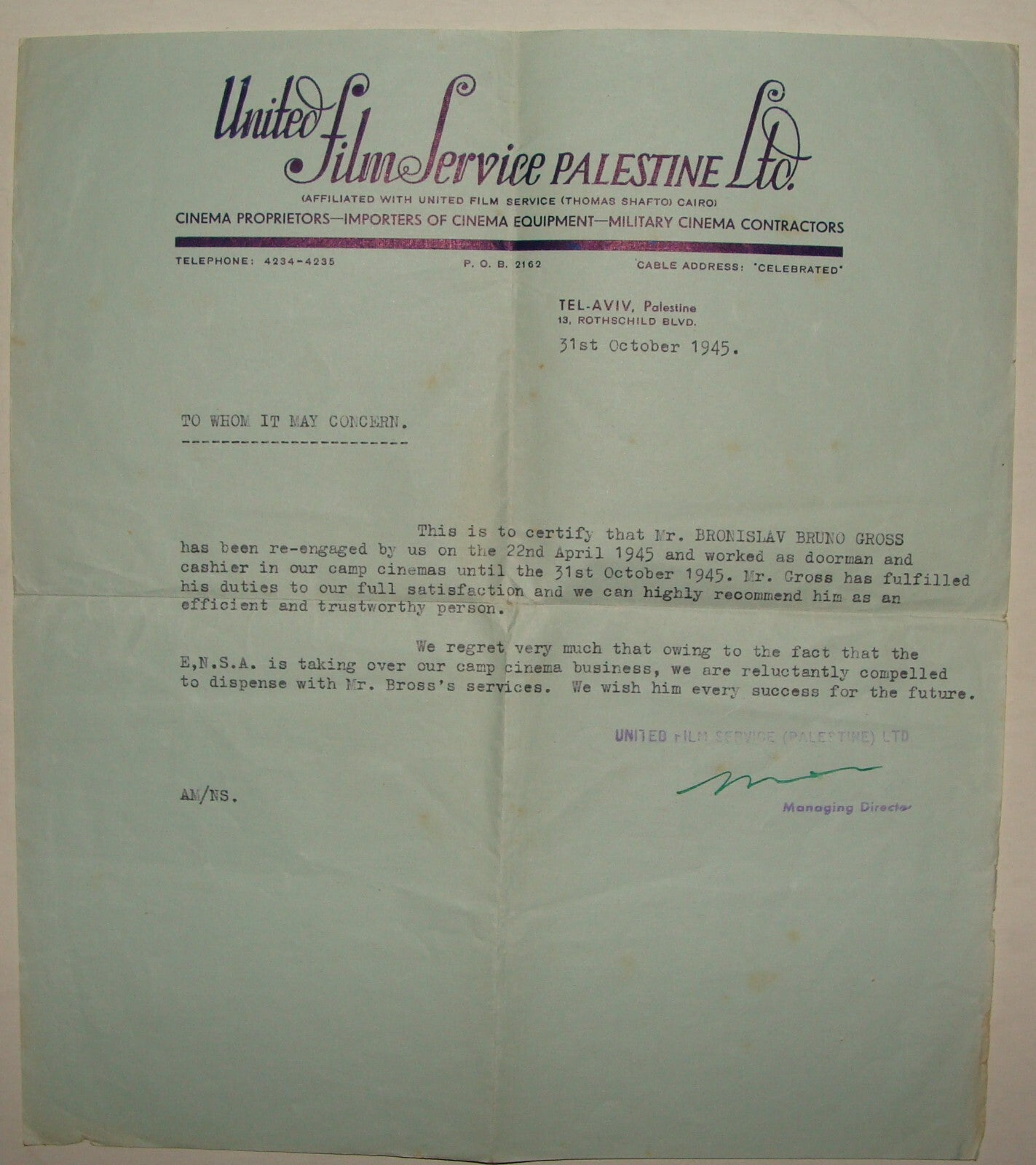 Letter Palestine Jewish Judaica 1945 Israel United Film Service