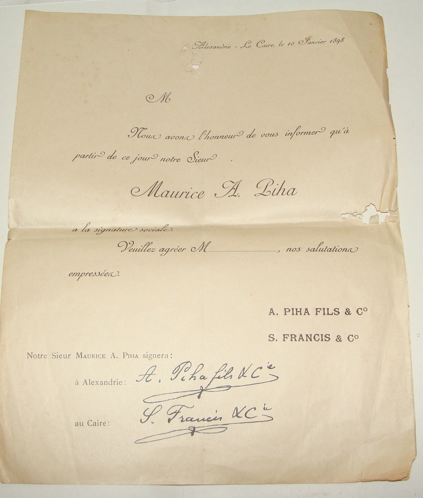 Jewish Judaica 1898 Egypt Alexandria Cairo Certificate MAURICE A. PIHA