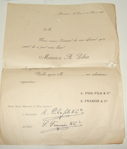 Jewish Judaica 1898 Egypt Alexandria Cairo Certificate MAURICE A. PIHA