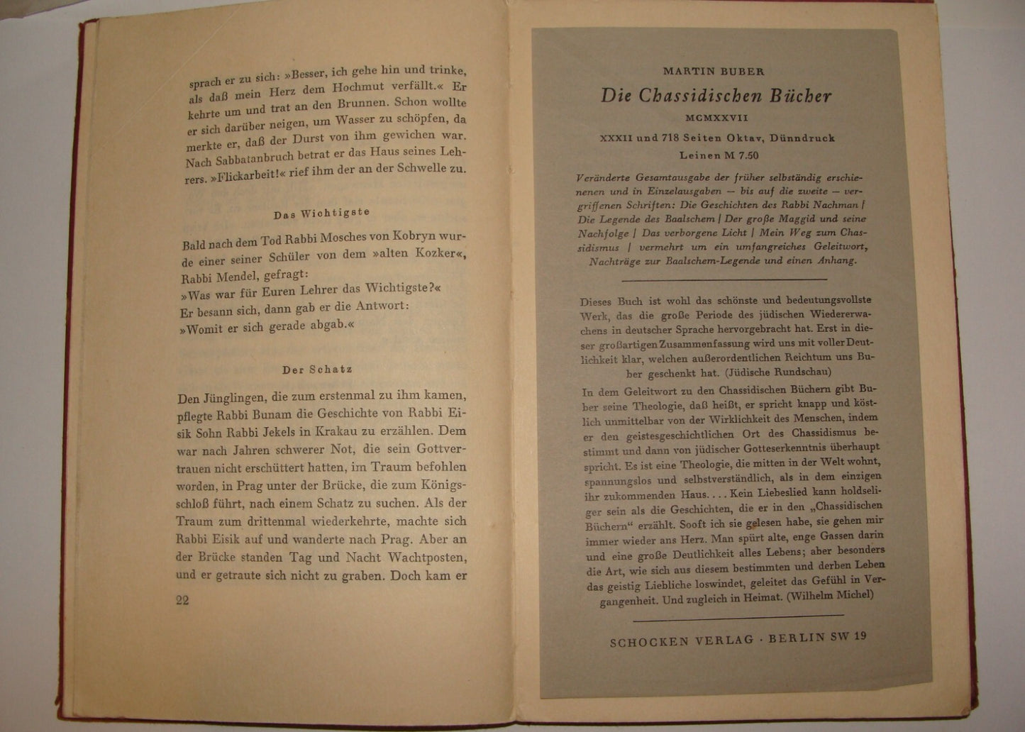 Germany Book Jewish Judaica 1935 German Martin Buber Religious Hasidic Stories