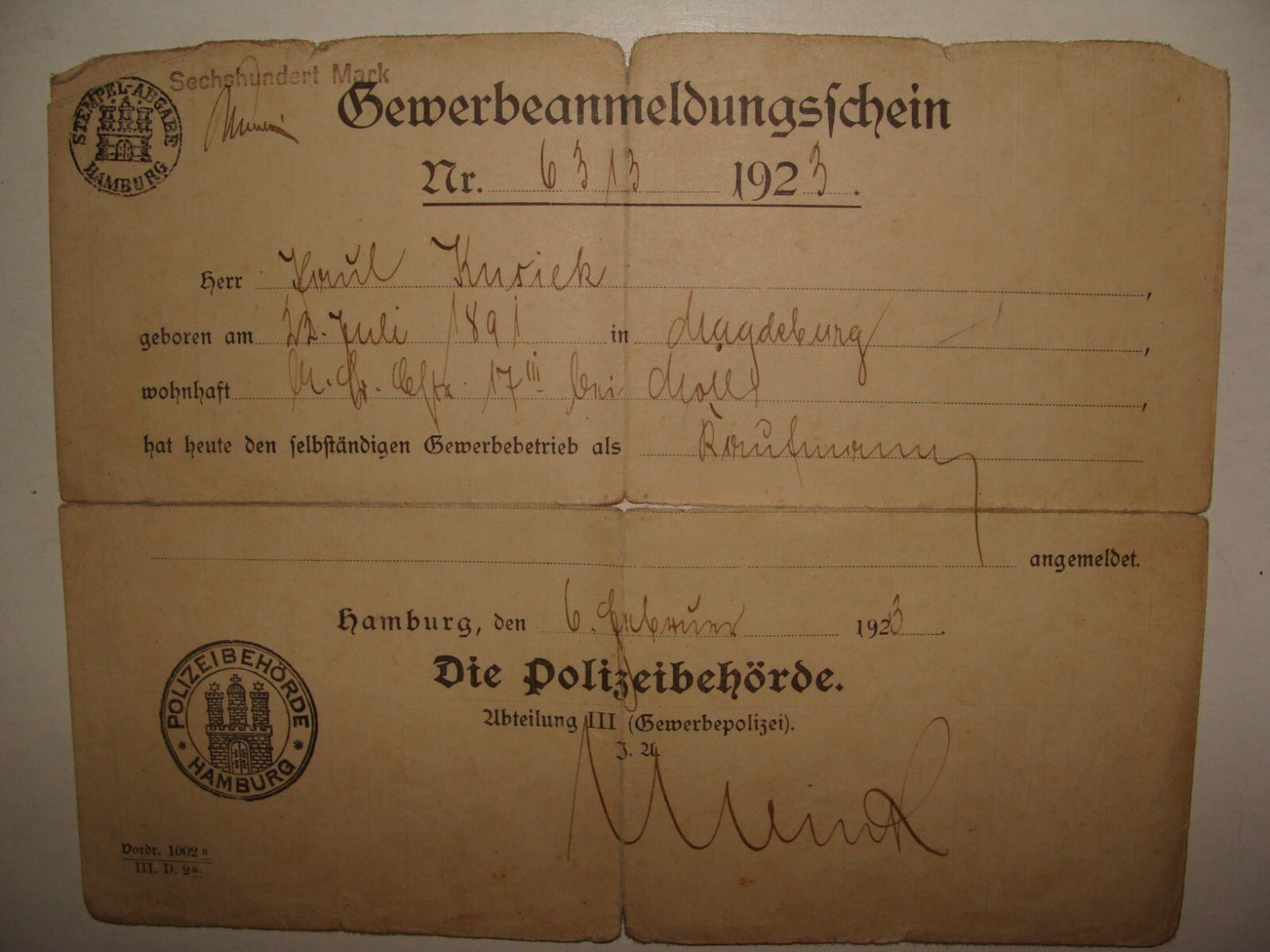 Germany Document Jewish Judaica 1923 German   Hamburg Police 1923