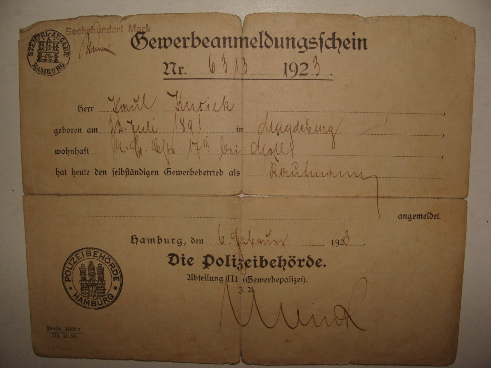 Germany Document Jewish Judaica 1923 German   Hamburg Police 1923