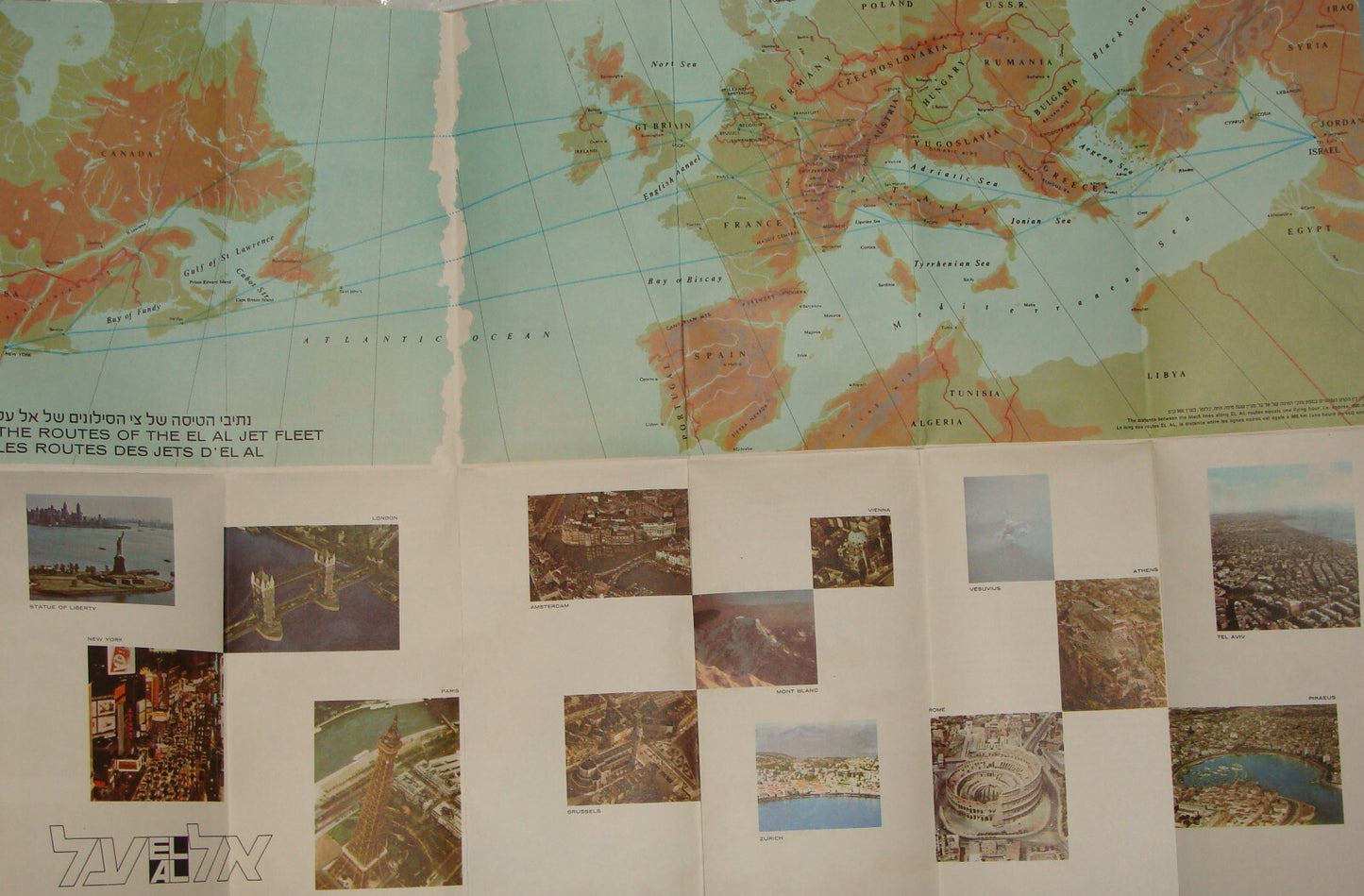 Map Jewish Judaica Israel Israeli Hebrew EL AL Airlines Route Brochure Guide