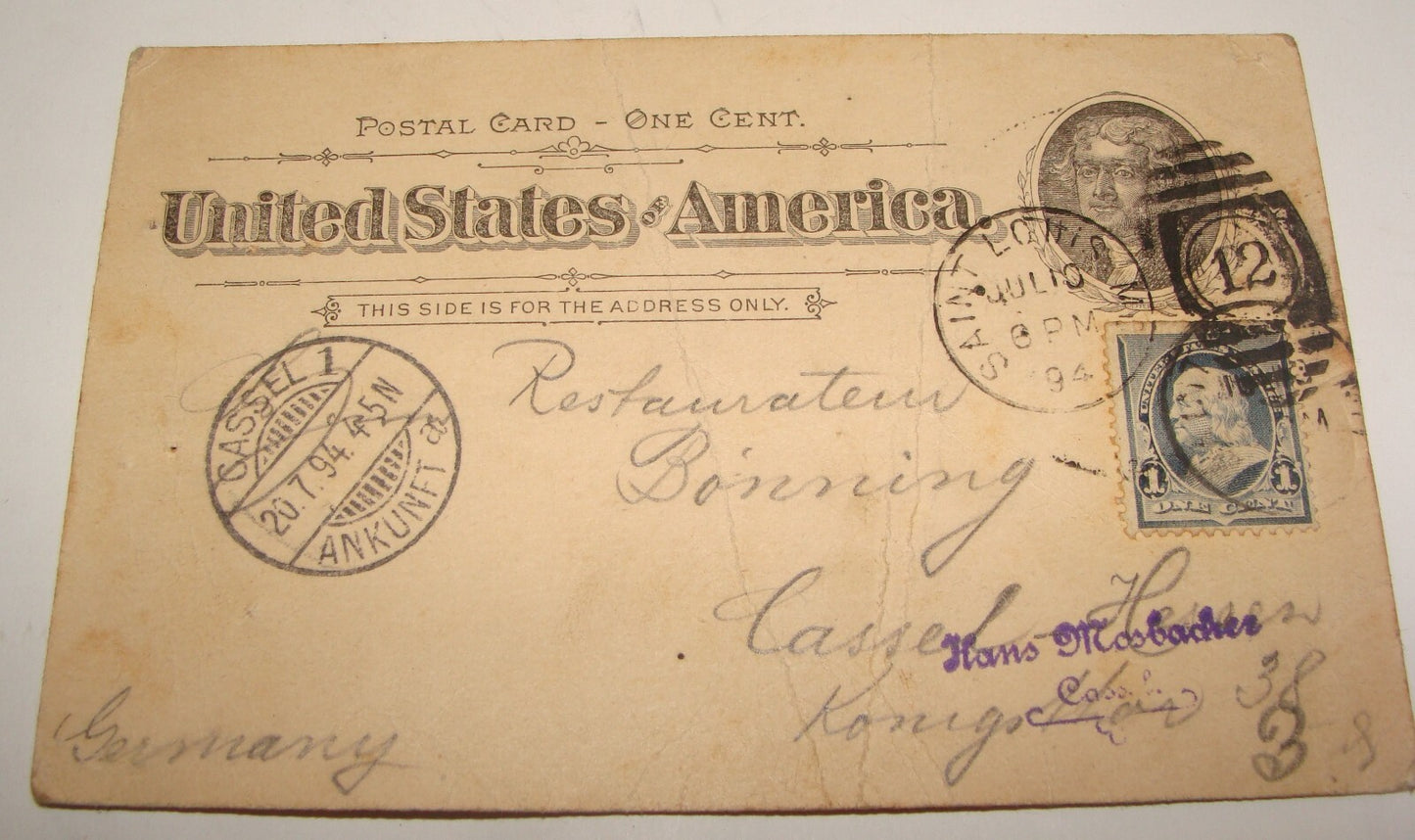 Germany 1894 United States Cover Stamp Saint Louis Missouri To Cassel