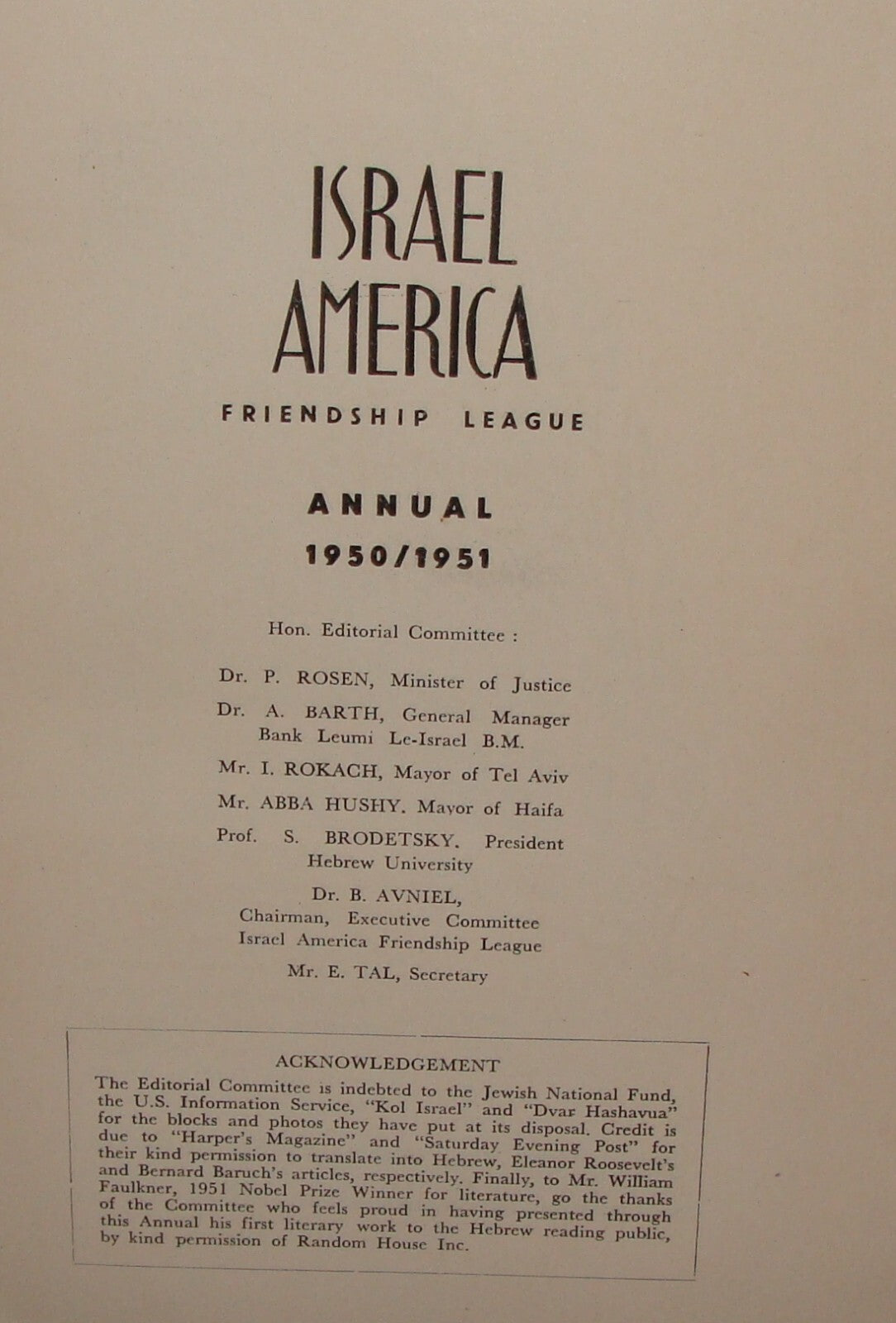 Book Jewish Judaica Israel America Friendship League Annual 1950/1951 USA