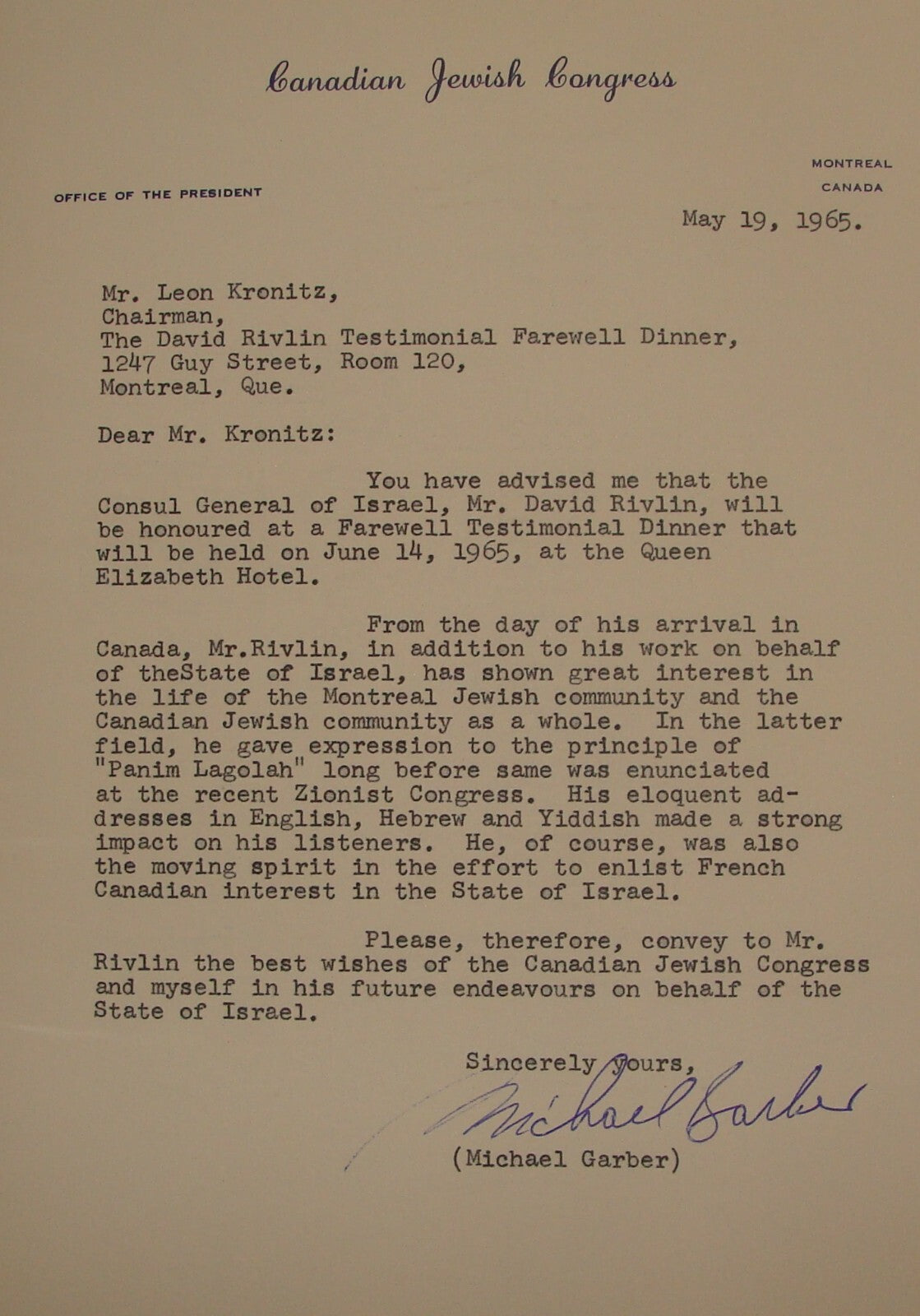 Letter Jewish 1965 Judaica Canada Canadian Congress Signed Michael Garber