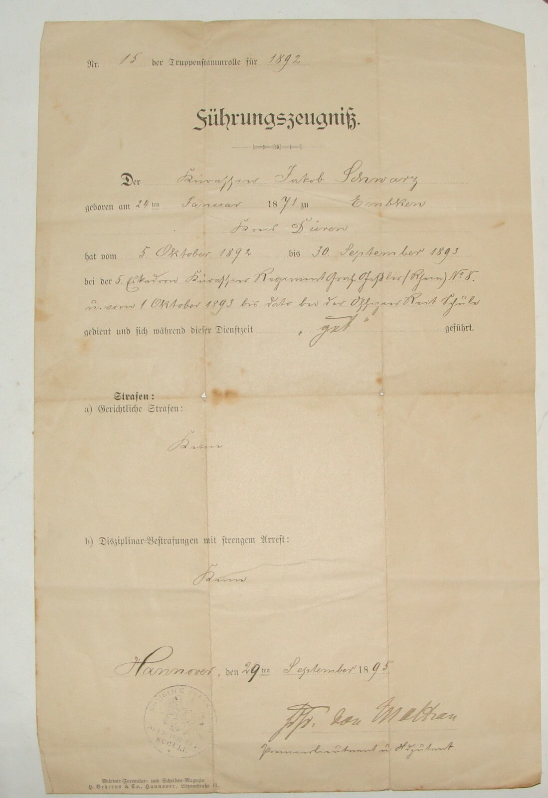 Germany 1892 German Police Army Military ? Certificate Riding Licence ? Hannover