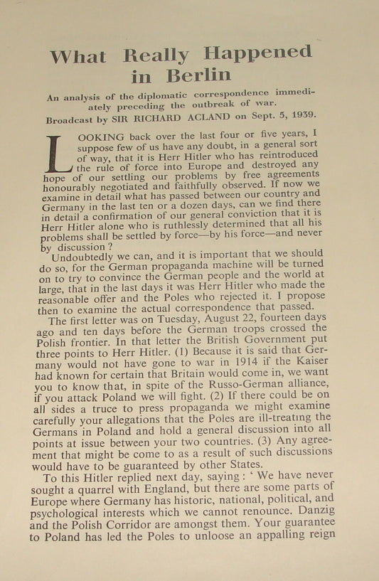 Germany 1939 Sir Richard Acland British England WW2 Paper War Third Reich Berlin