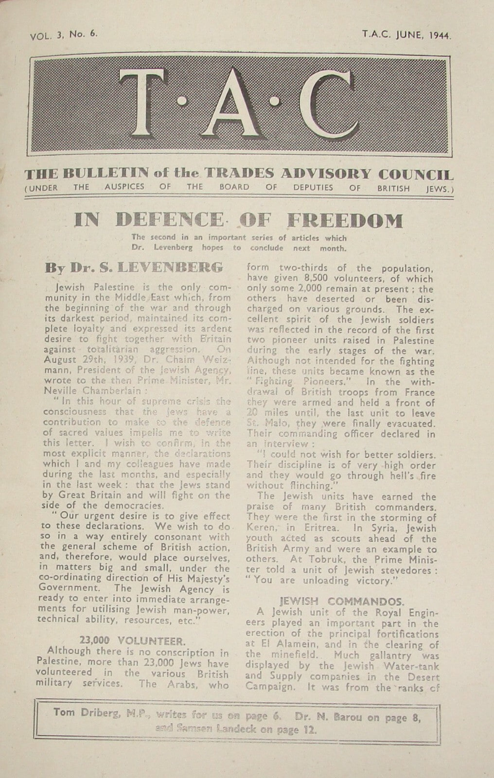 Bulletin Jewish Judaica 1944 WW2 Trades Advisory Council London British Jews