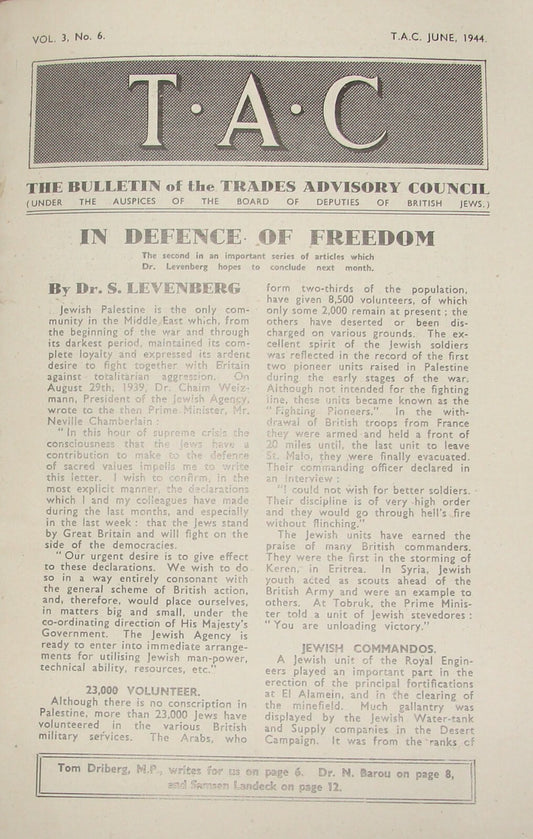 Bulletin Jewish Judaica 1944 WW2 Trades Advisory Council London British Jews