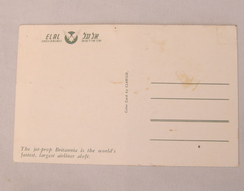 Card Israel El AL Airlines Postcard Britannia Airliner 1960's