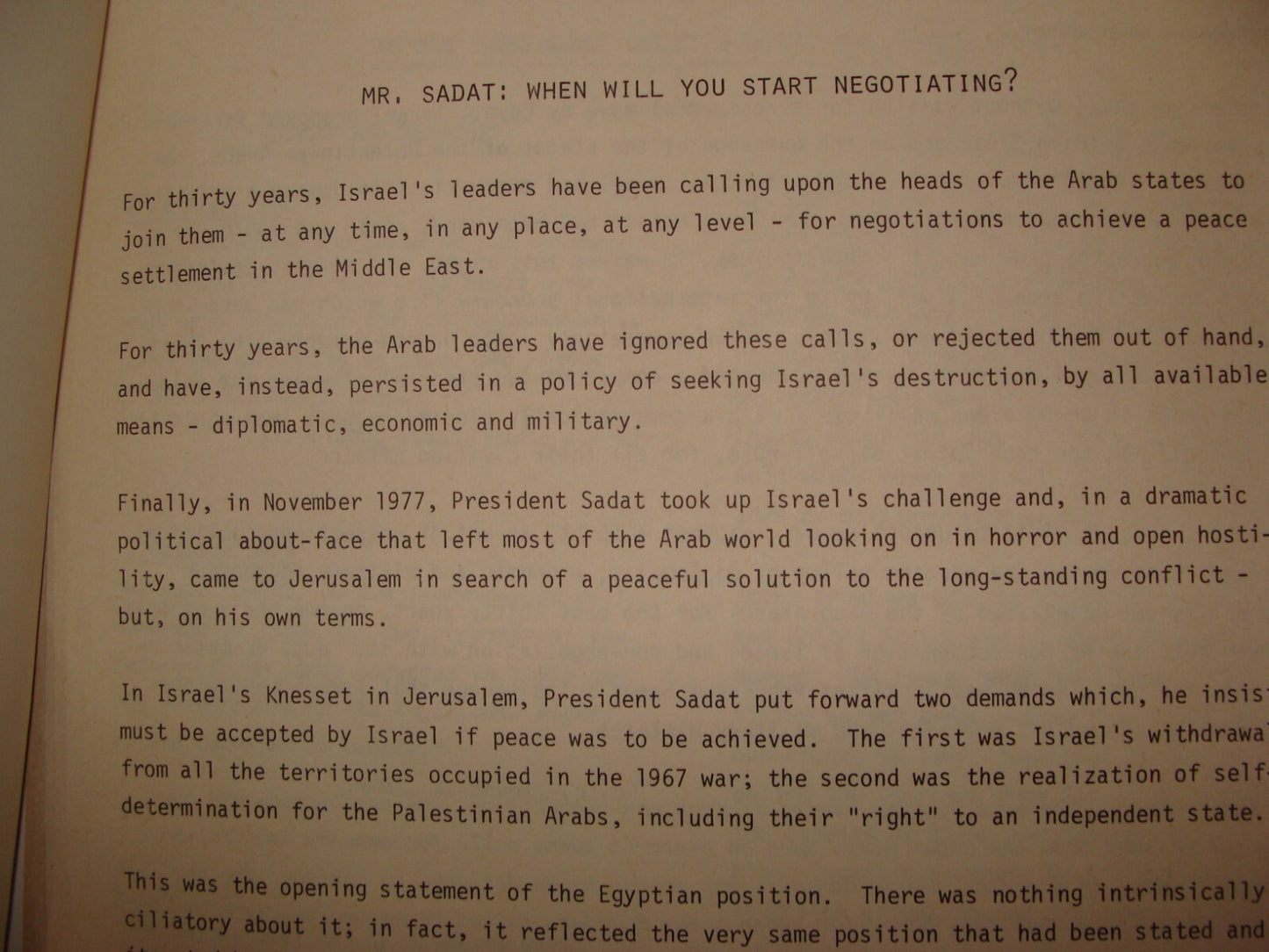 Paper Jewish Judaica 1974-8 Israel Israeli Foreign Affairs Egypt SADAT Peace
