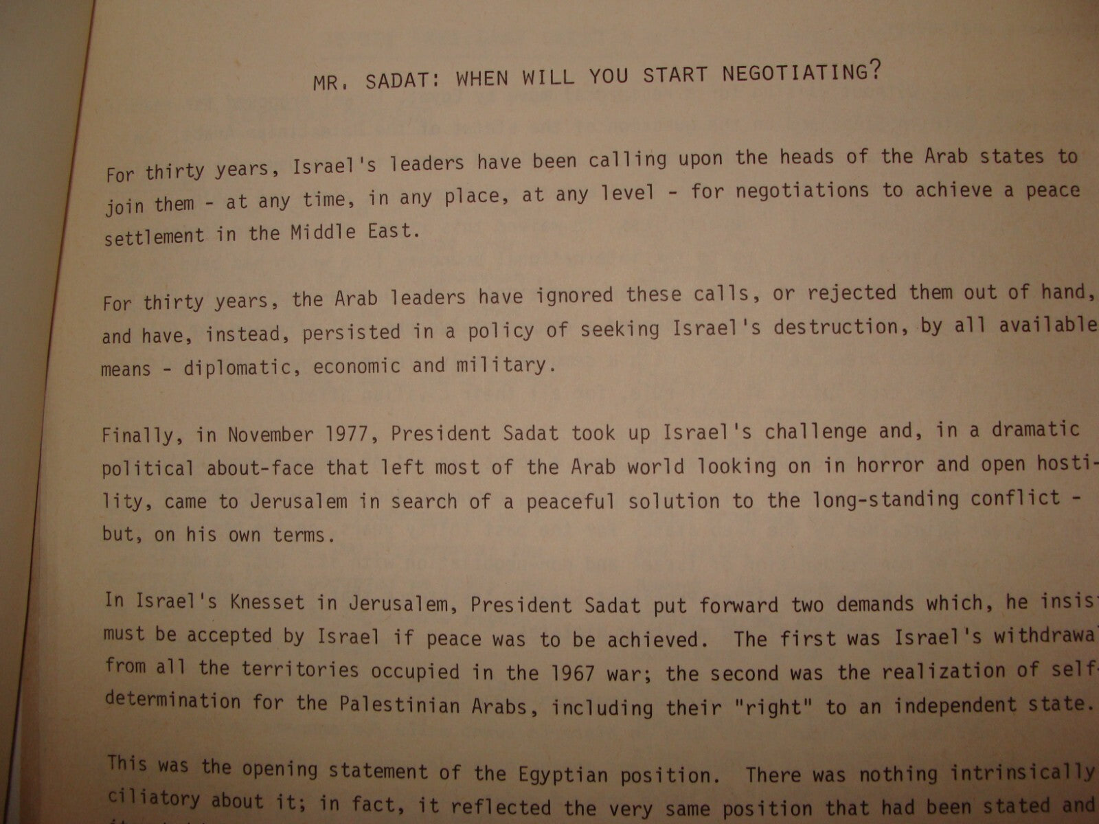 Paper Jewish Judaica 1974-8 Israel Israeli Foreign Affairs Egypt SADAT Peace