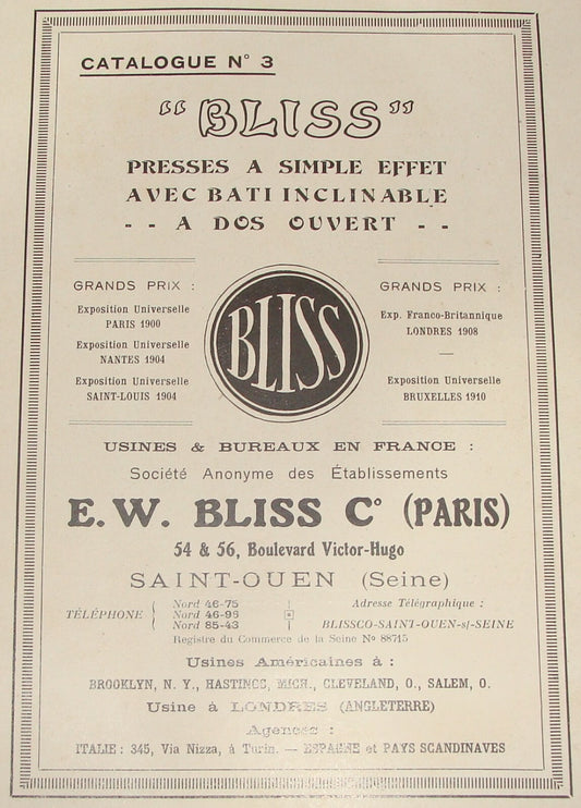 1910s BLISS Catalogue French France Machine Press Company Factory PRESSES Stamp