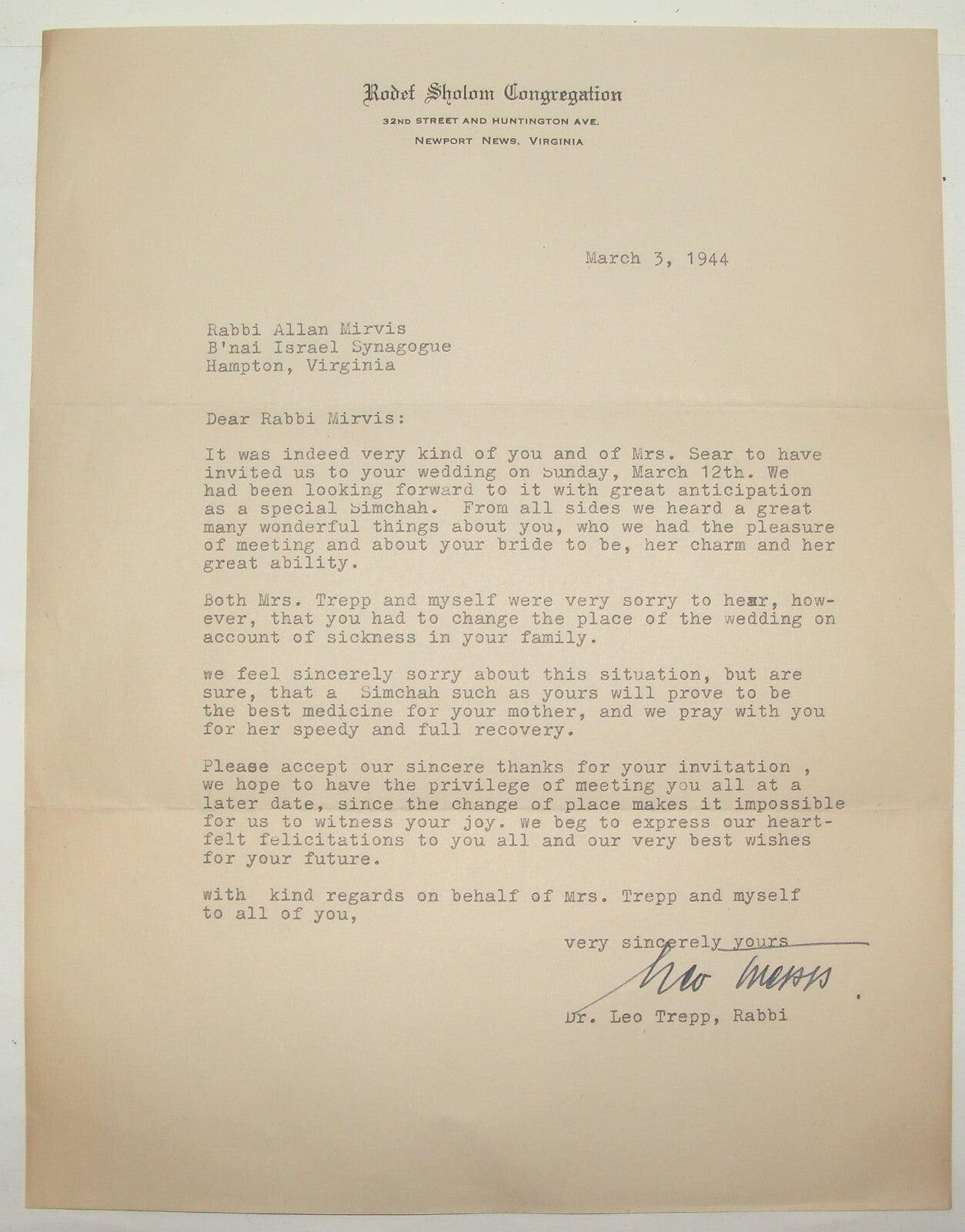 Letter Jewish Judaica Rabbi Leo Trepp Signed 1944 Rodef Shalom Congregation USA