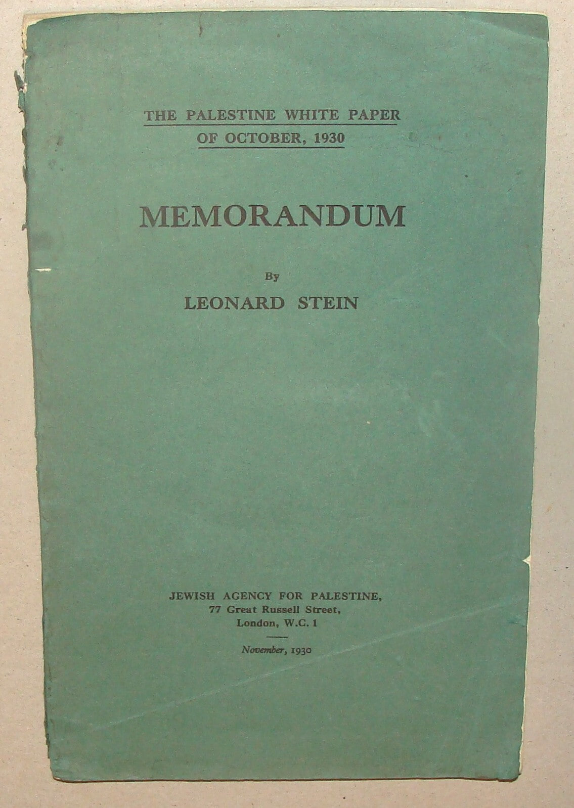 Paper Palestine RARE White 1930 Memorandum Leonard Stein London Jewish Agency
