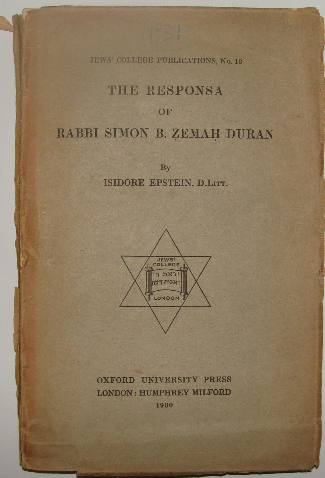 Jewish Judaica THE RESPONSA OF RABBI SIMON B. ZEMAH DURAN London England 1930