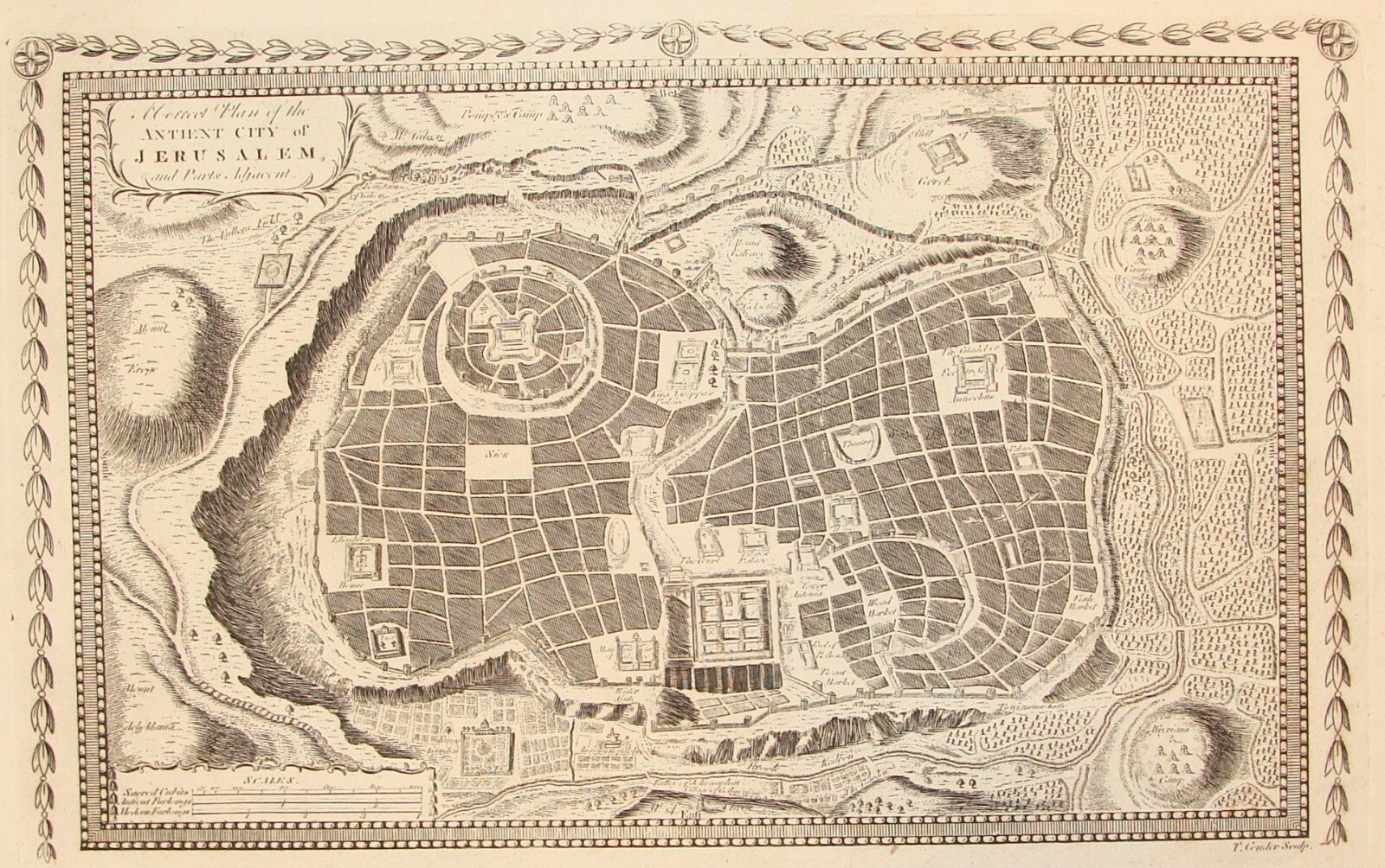 Antique ANTIENT CITY OF JERUSALEM Master Plan Map Engraving