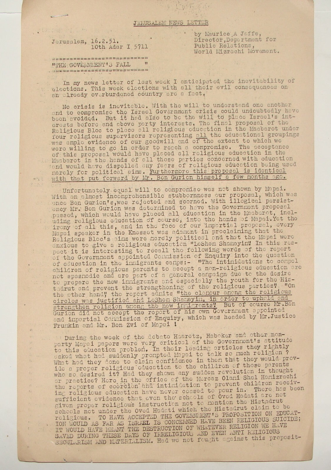 Letter Jewish Judaica 1951 Rabbi Jaffe Jerusalem News Zionist Mizrachi Movement