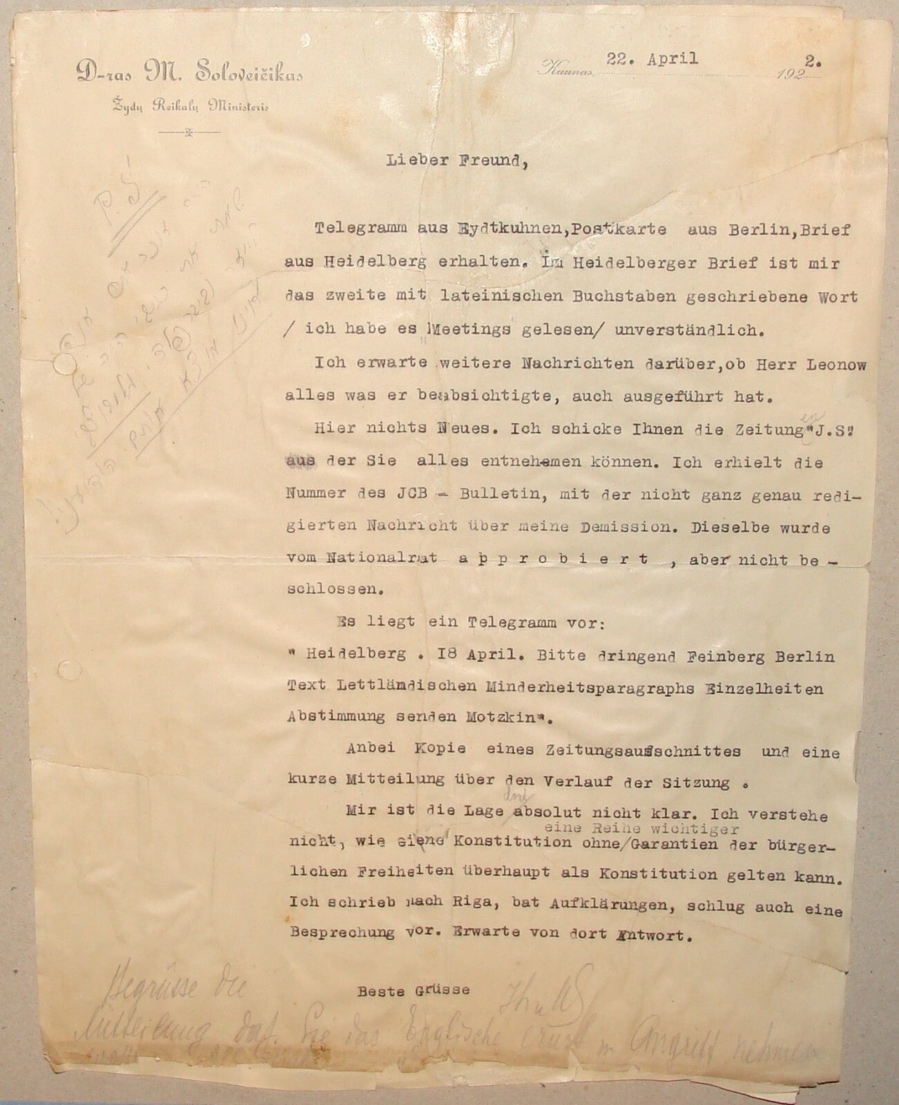 Letter Jewish 1922 Lithuania Kaunas Max Soloveichik Zionist Jews Judaica