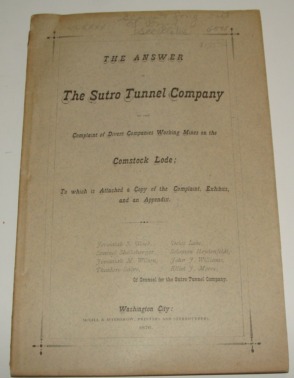 1876 American The Answer Sutro Tunnel Company Book United States Comstock Lode