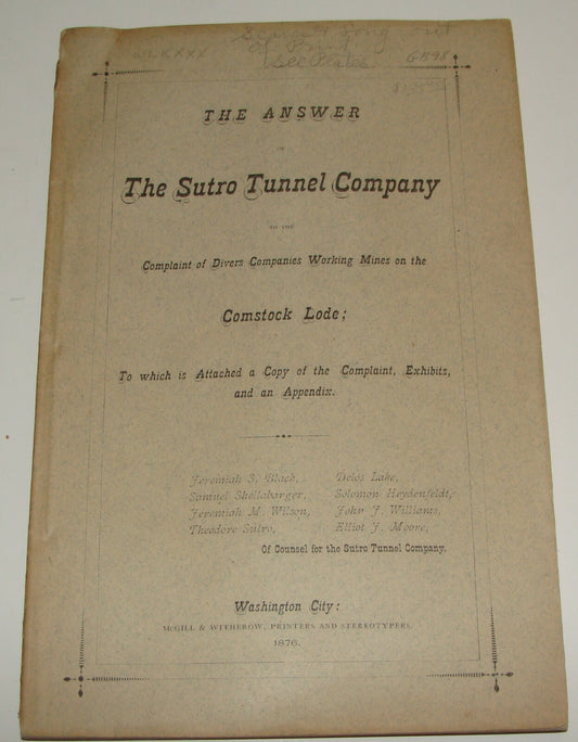 1876 American The Answer Sutro Tunnel Company Book United States Comstock Lode