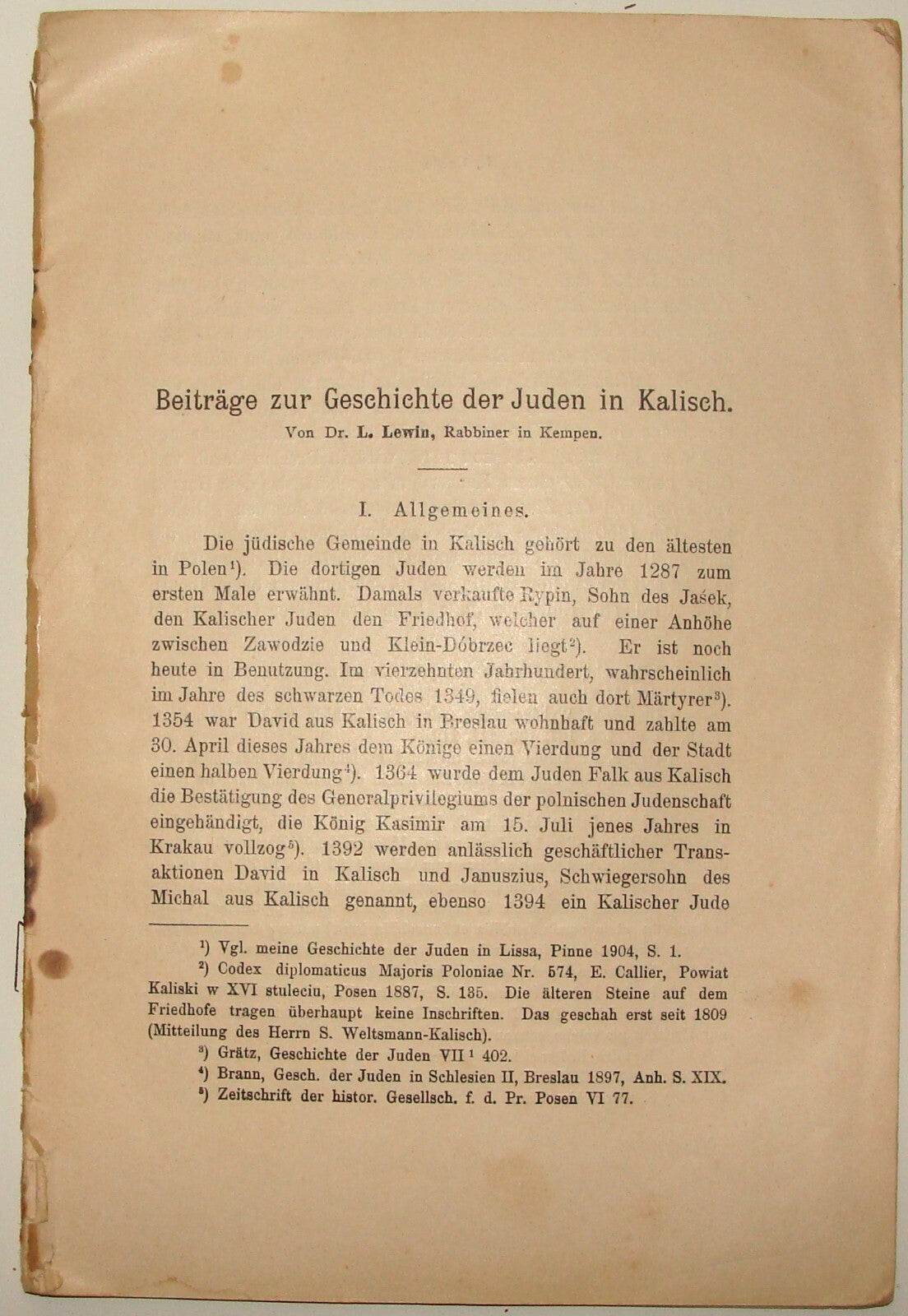 Germany Booklet Jewish Judaica 1909 German   Rabbi Lewin Poland Kalisz History