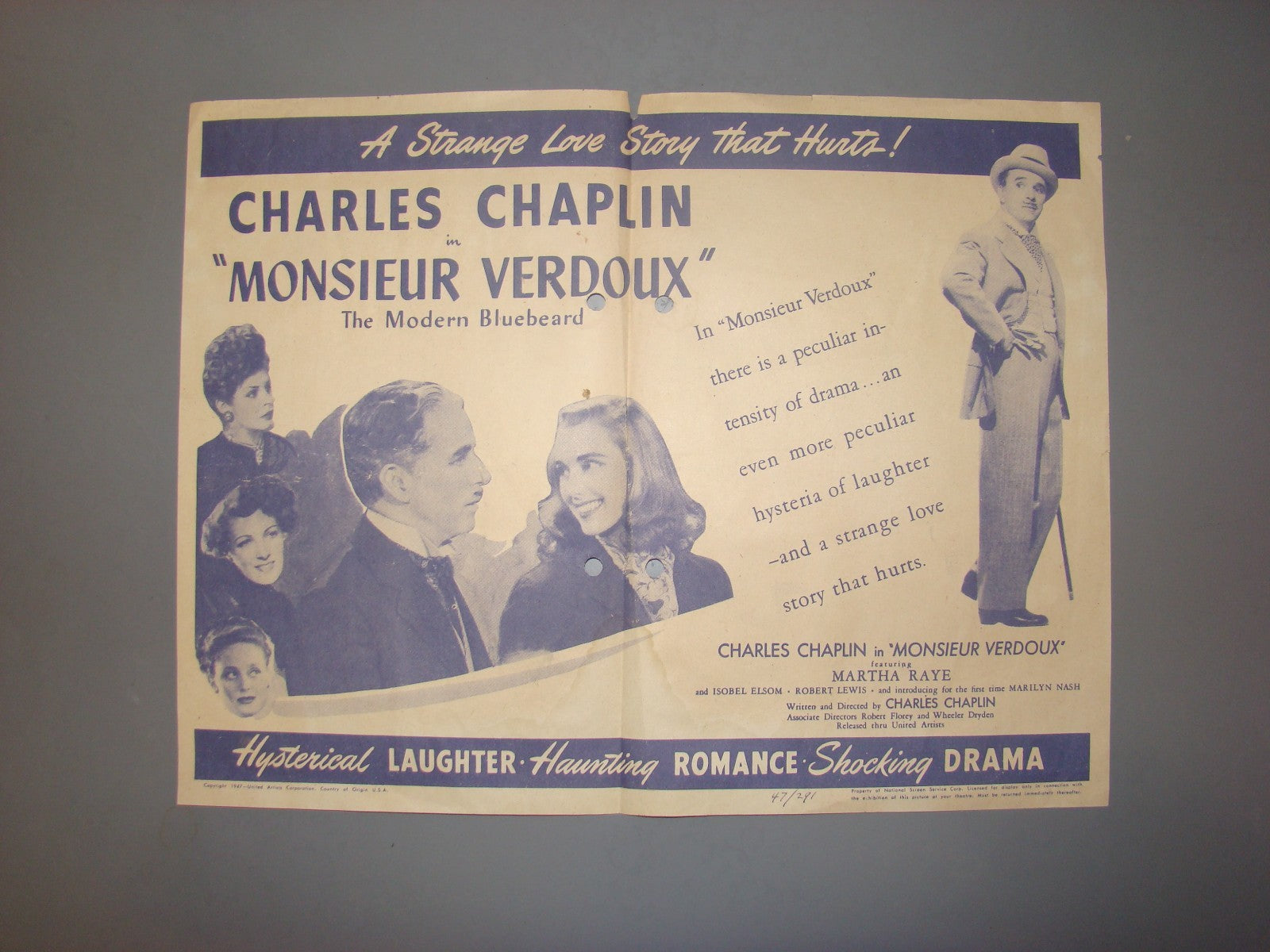 Poster Israel Hebrew Original 1947 Charlie Chaplin Monsieur Verdoux Movie Edison