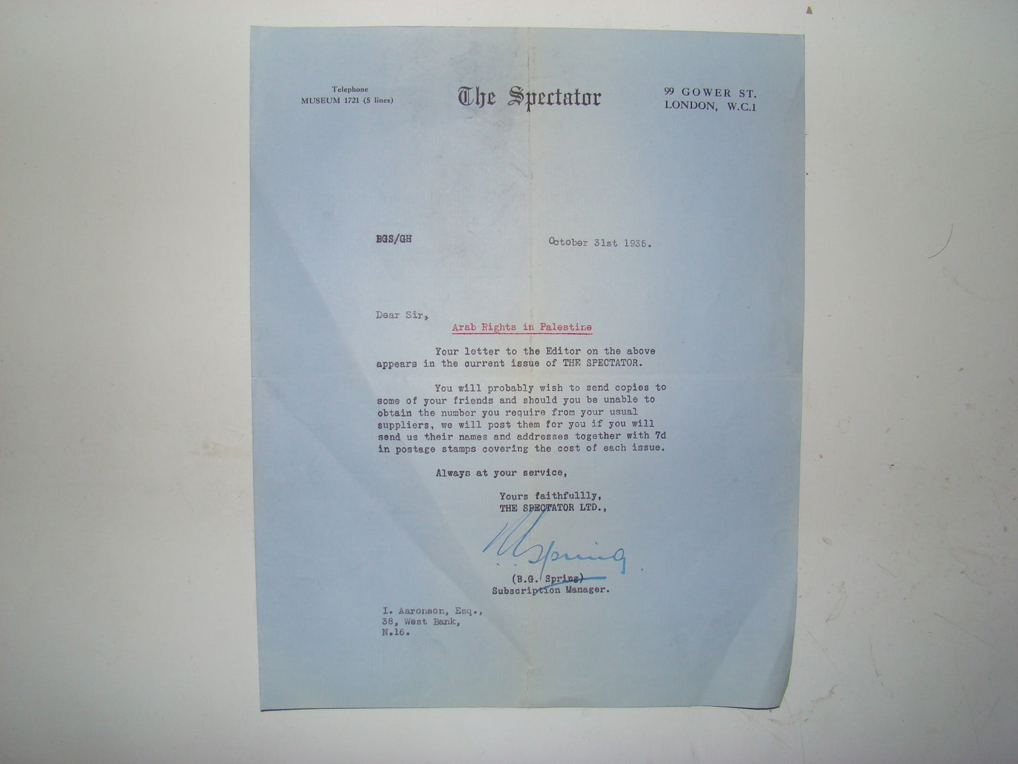 Magazine Palestine 1935 Arab Rights In Problem The Spectator Article Zionist