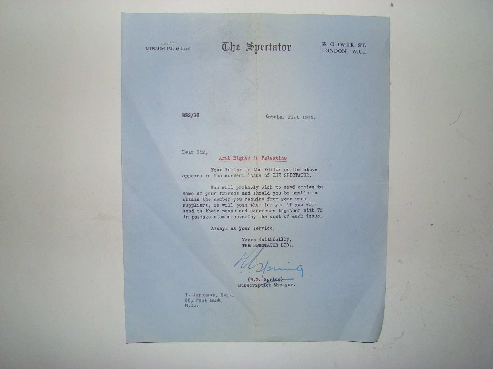 Magazine Palestine 1935 Arab Rights In Problem The Spectator Article Zionist