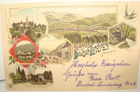 Germany Antique 1897 German Postcard Gruss Aus Deutsch Landsberg Letter Stamp