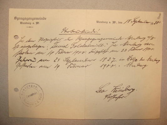 Germany Letter Jewish RARE Judaica 1938 German   Nienburg Synagogue Leo Weinberg
