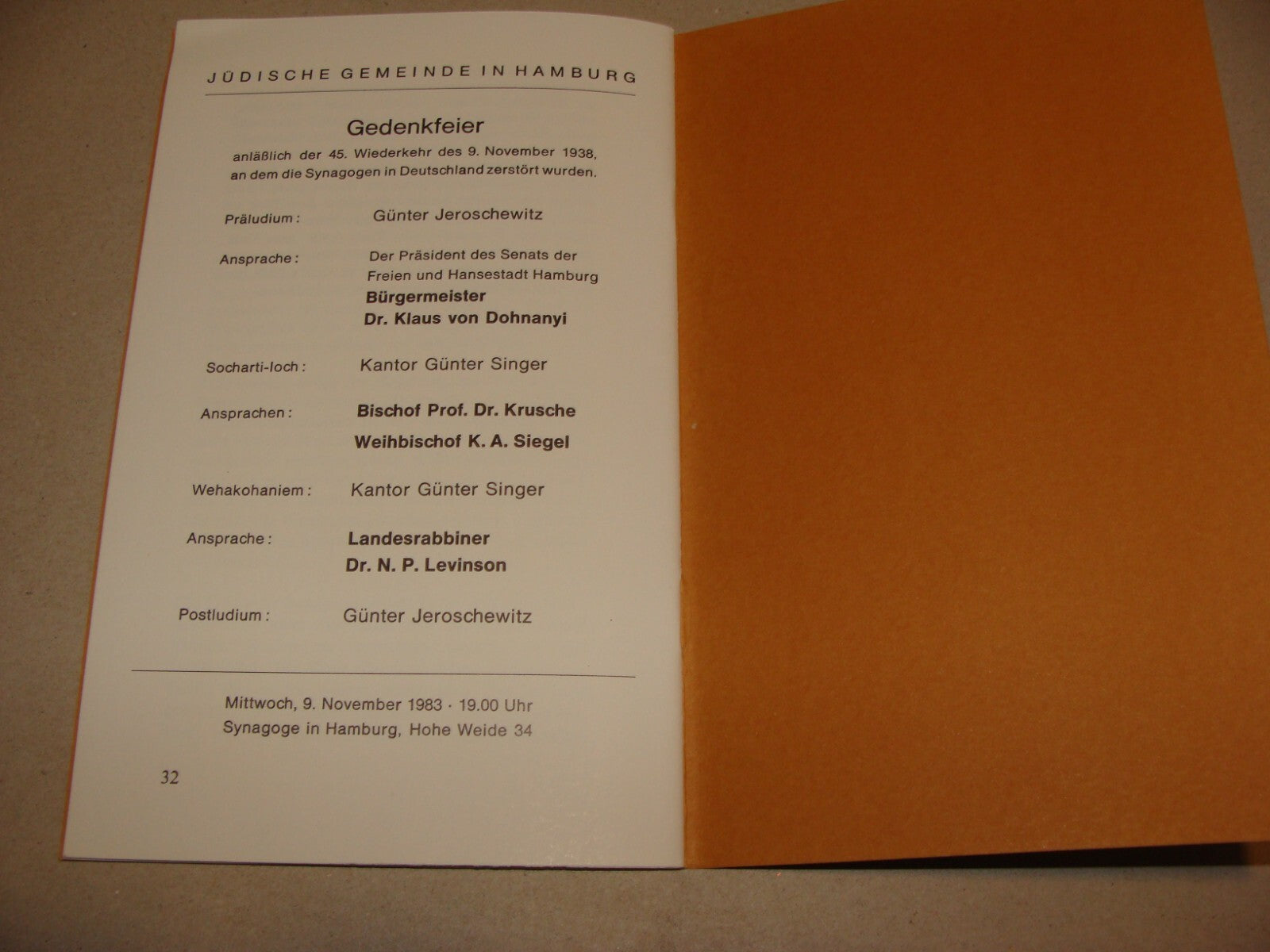Germany Jewish Judaica German Hamburg Synagogue 1938 Kristallnacht 45 Years 1983