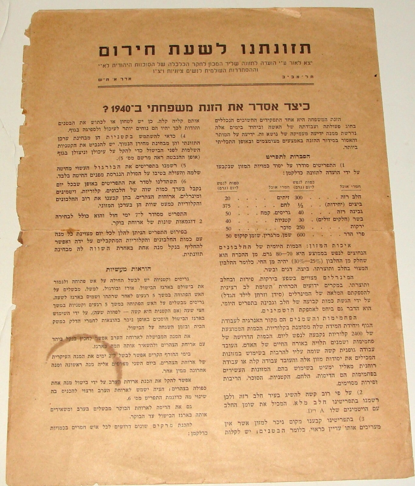 Pamphlet Palestine Jewish Judaica Israel 1940 Hebrew Food Nutrition Recipe WWII