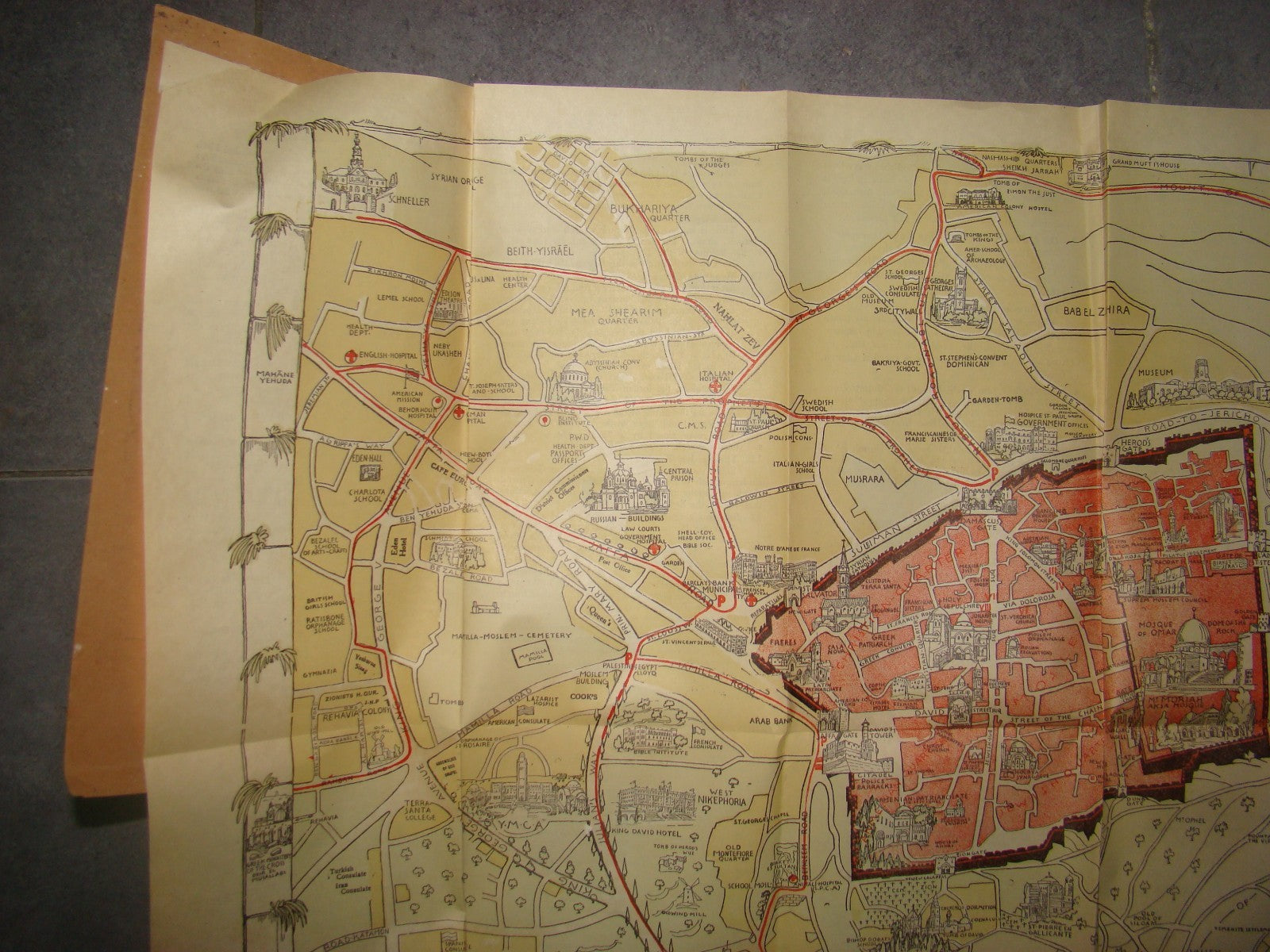 RARE Jewish Palestine Eretz Israel Jerusalem Guide Map Syrian Orphanage 1940's