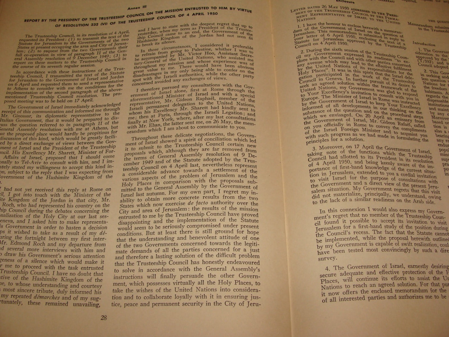 Report Israel 1950 United Nations Jordan Jerusalem Holy Places Question Post War