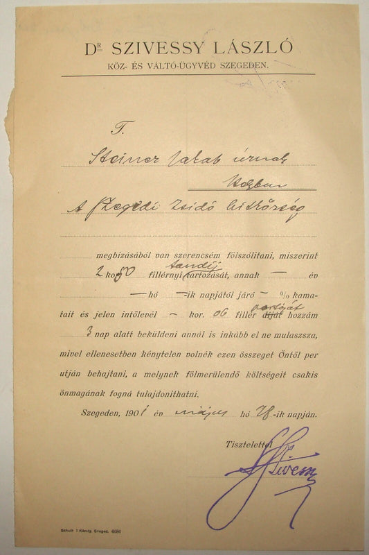 Letter Jewish Judaica Antique 1901 Hungary Szeged DR. SZIVESSY LASZLO