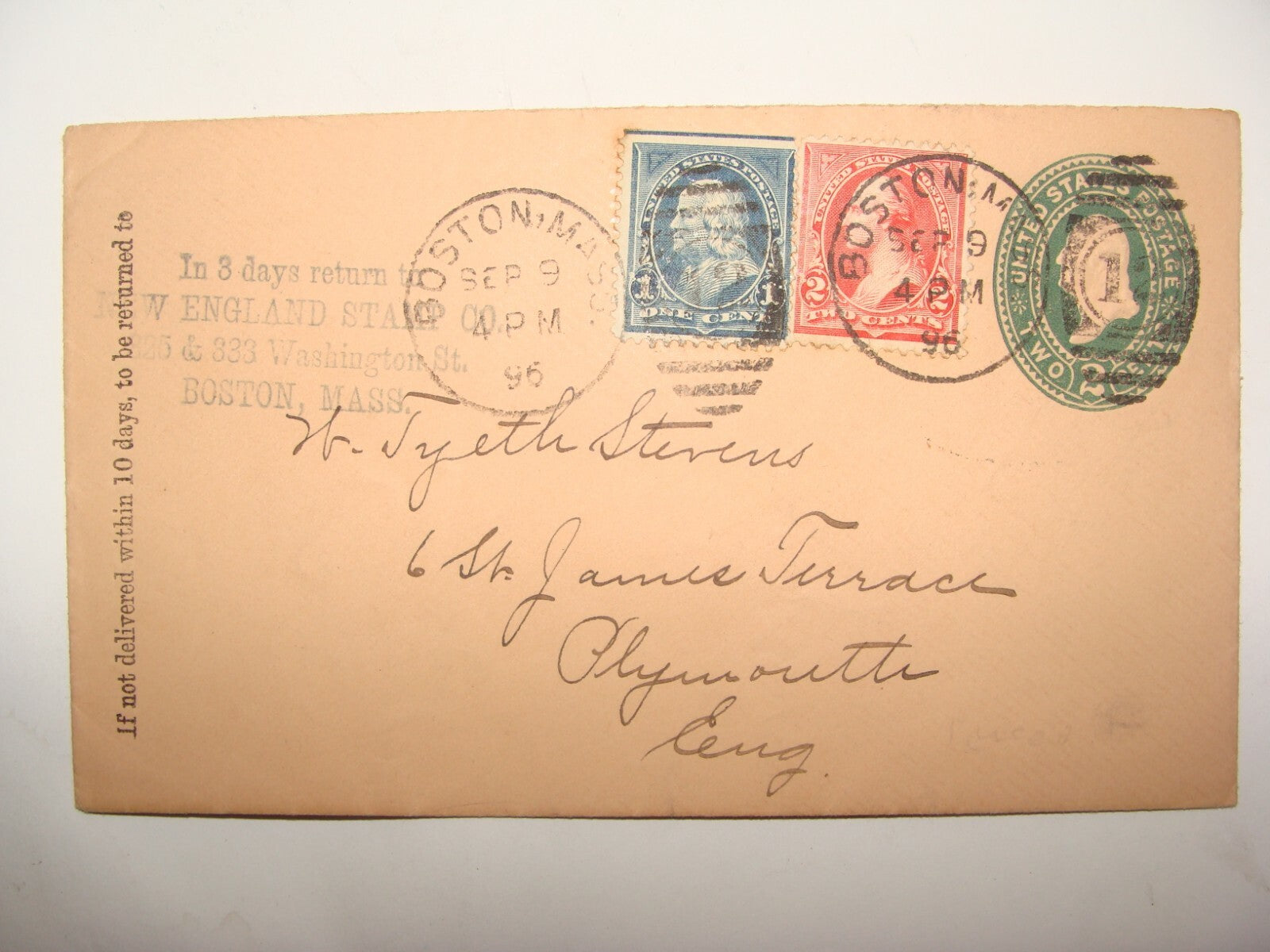 1896 United States Cover Stamp Boston Massachusetts England Plymouth