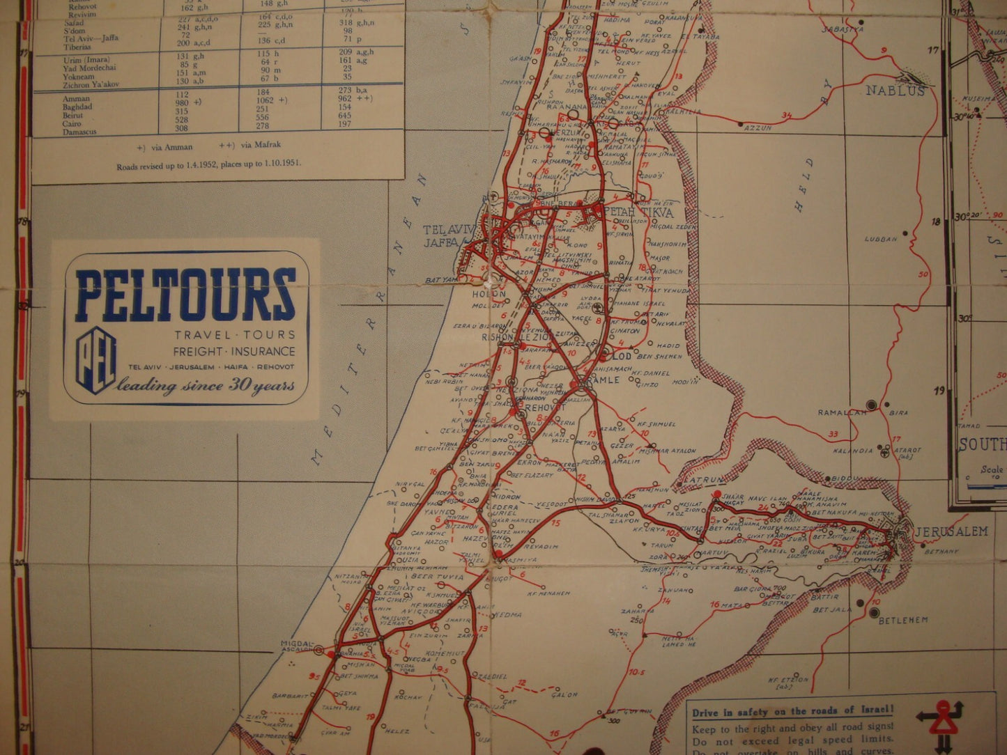 1952 ISRAEL Israeli PELTOURS Map of Communications *TORN