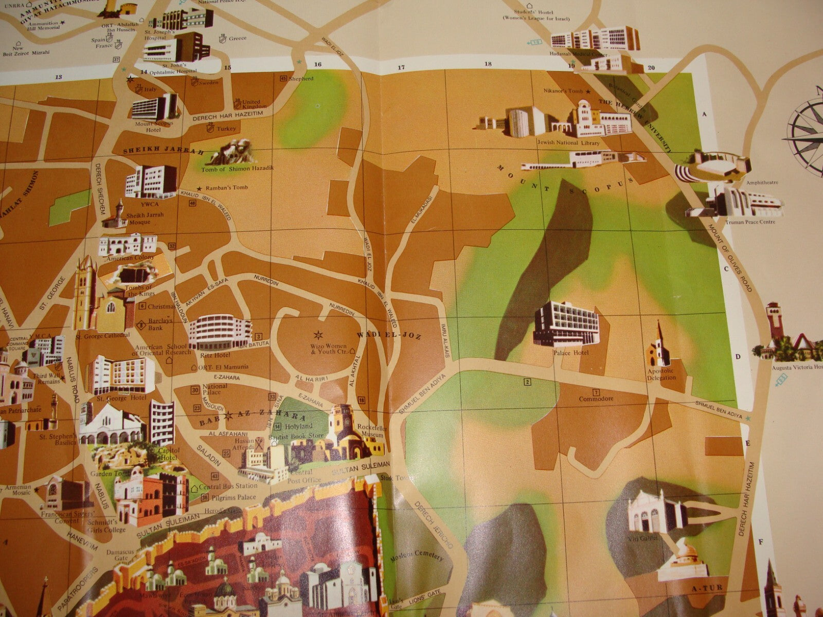 Map Jewish Israel JERUSALEM Pictorial AMIR 1972 BIKUR CHOLIM HOSPITAL Guide Info
