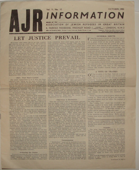 Bulletin Jewish Judaica AJR Refugees in Britain England UK 1950