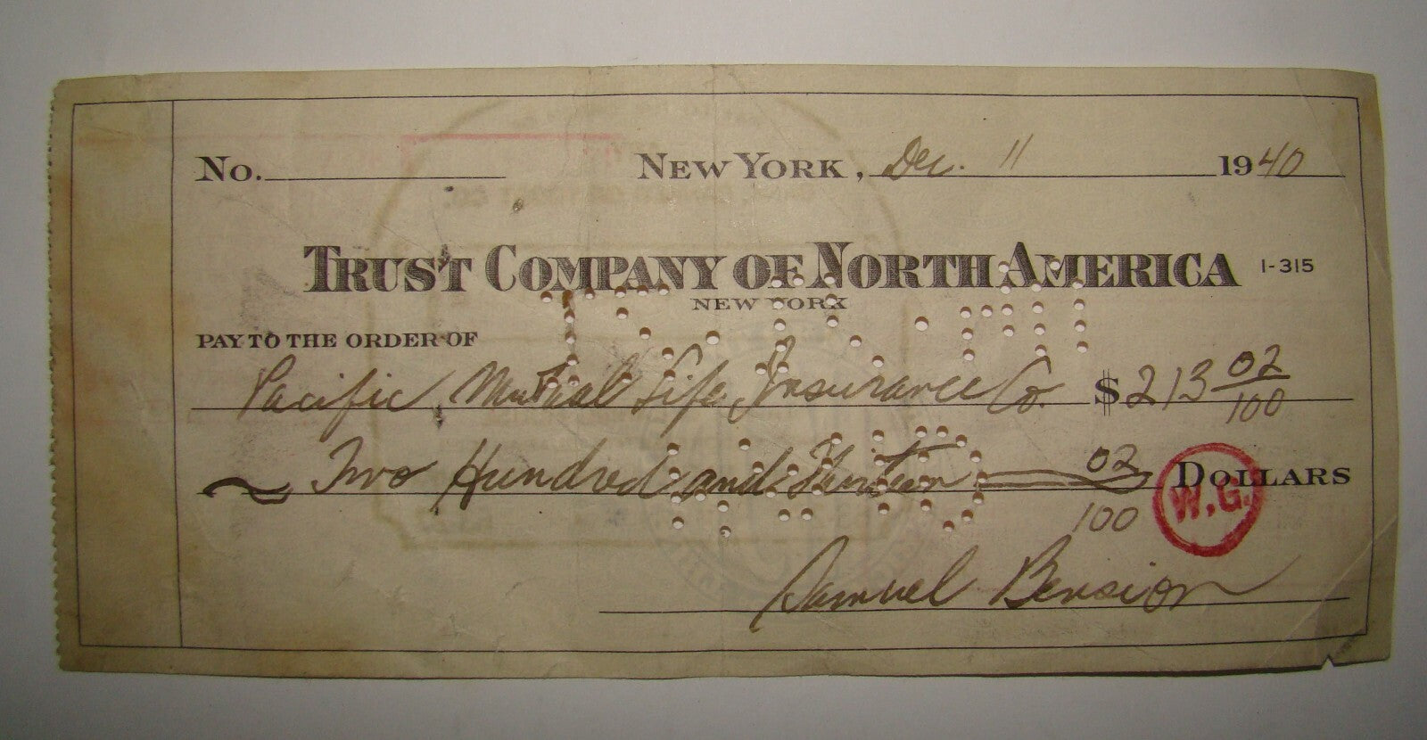 1940 Trust Company of North America Cheque Check Bank Stamp Tampa Florida