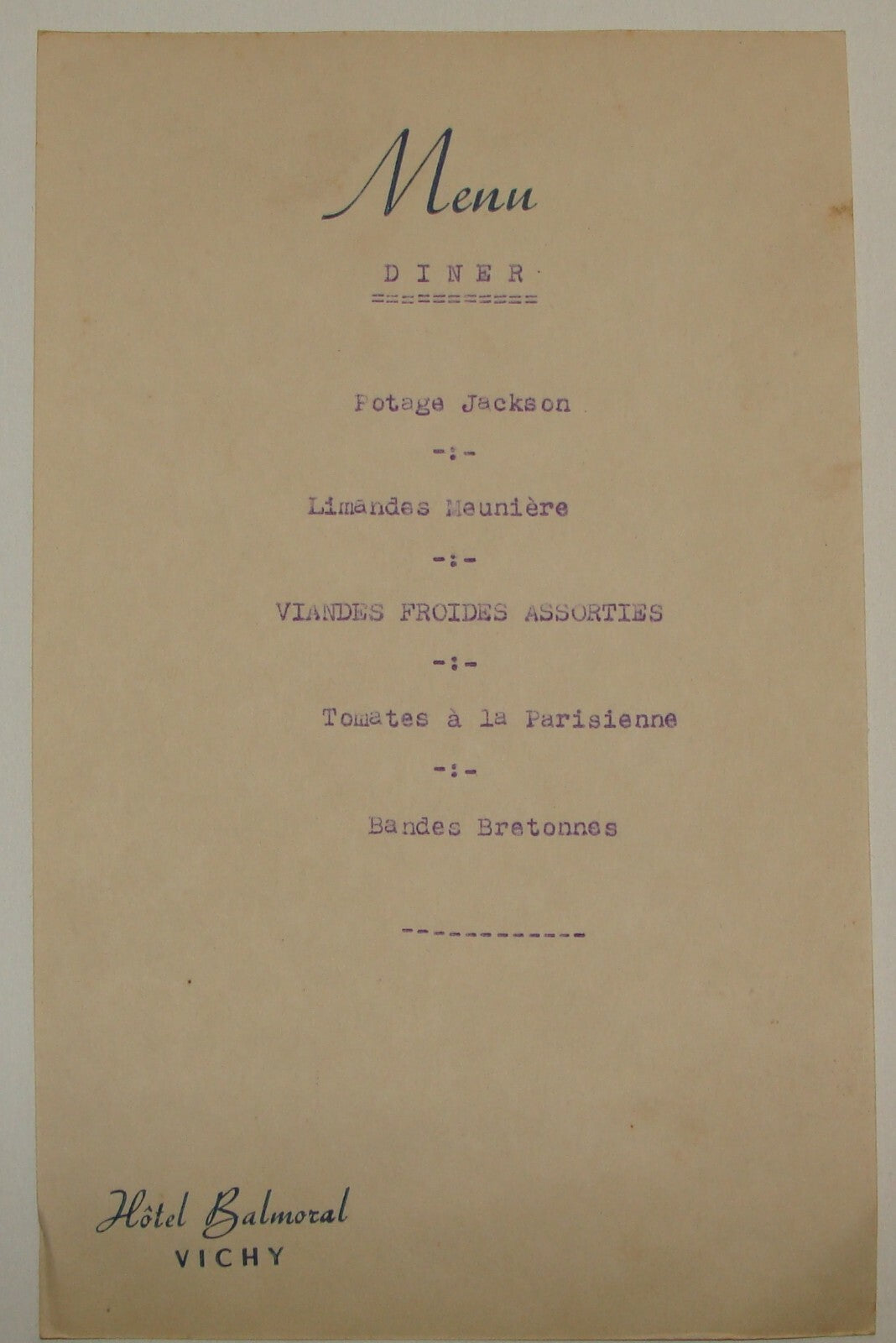 France French Hotel Balmoral Menu Vichy
